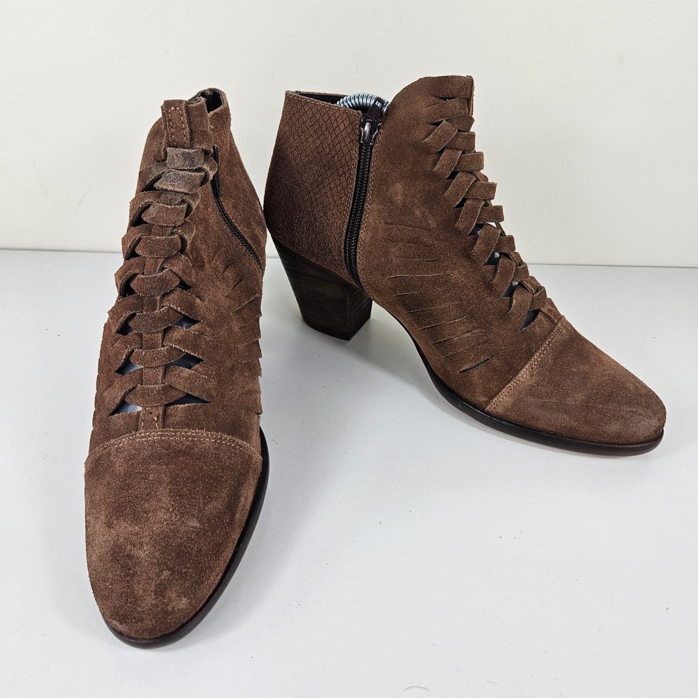 Free People Loveland Womens 9.5 Brown Woven Lattice Ankle Boots Booties Heels